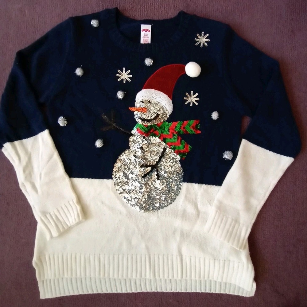 Womans Holiday‎ Time Blue White Snowman Christmas Sweater Women's Small Sequins